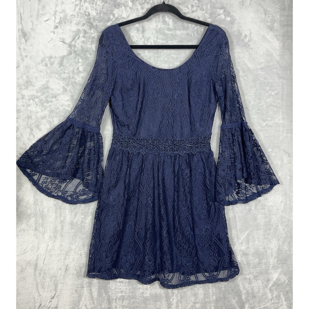 BCX Juniors 11 Dress Blue Lace‎ Bell Sleeve Fit Flare Party Cocktail Formal Hoco